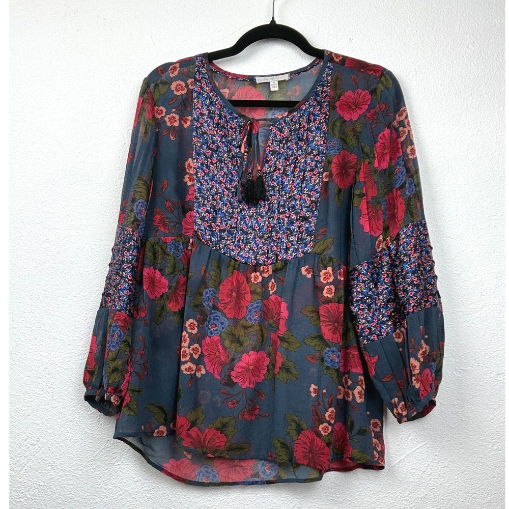 Pale Sky Blue Floral Peasant Blouse - M - Tassel Tie Neck Boho Peasant Smocked